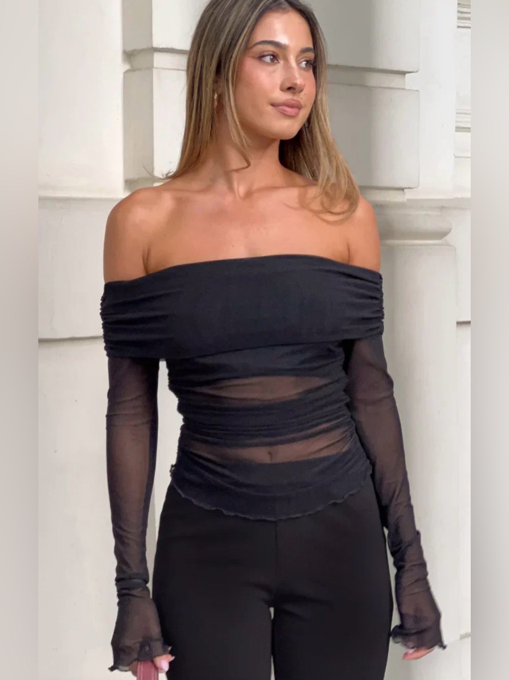 Beginning boutique sky black mesh off shoulder top